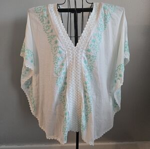 Spiaggia Dolce 100% Cotton Embroidered V-Neck Boho Kaftan Bathing Suit Cover Up